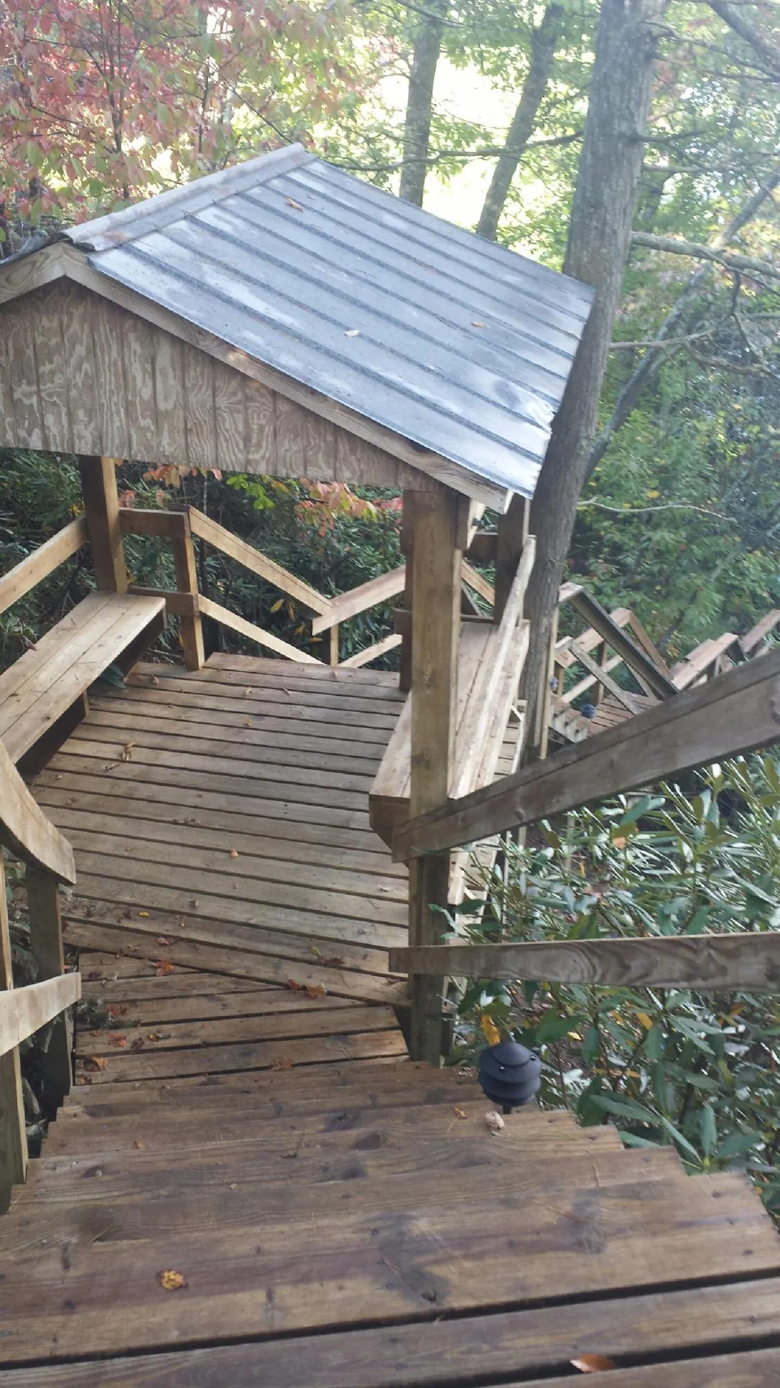 Metal roofed shelter over wooden steps on a wooded walkway in Sturgeon Bay